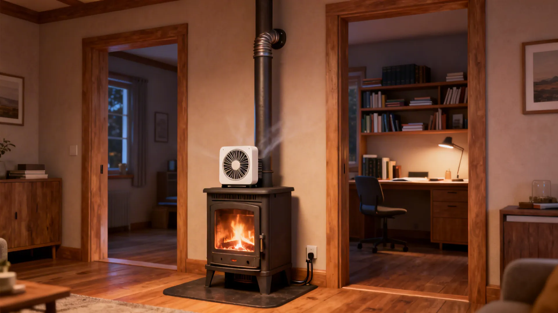 Small stove with a low-profile fan and discrete heat-exchange duct moving warm air to an adjacent room.