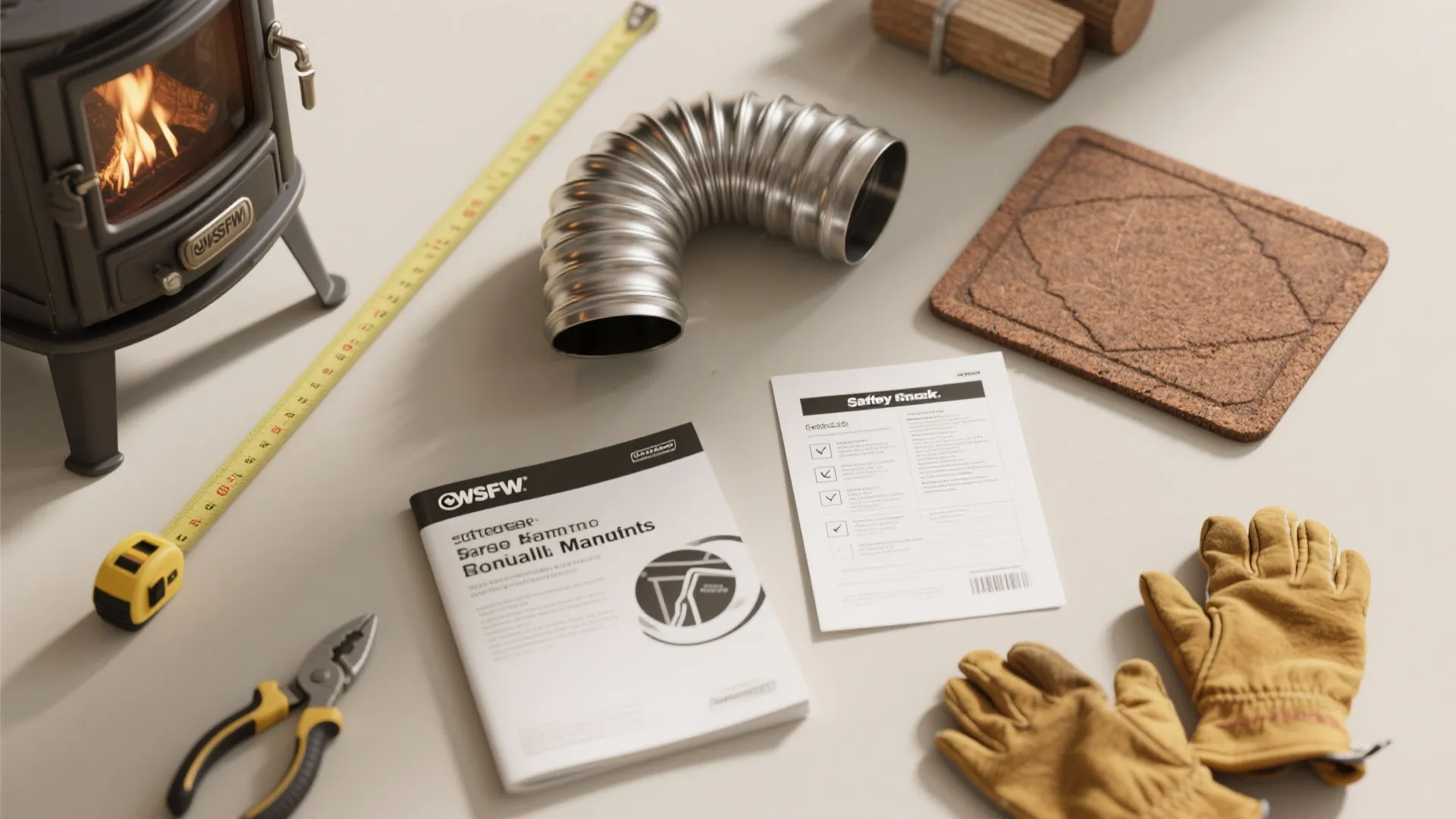 Stove installation tools with measuring tape pliers safety gloves metal pipe and owner manual on table
