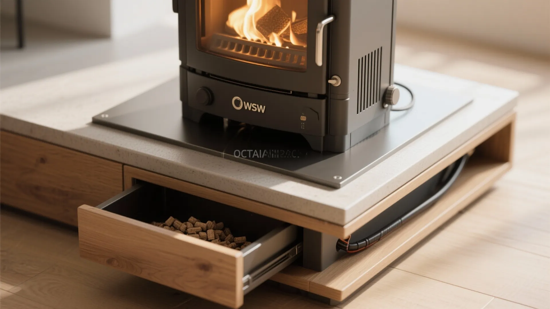 Close up of a modern pellet stove sitting on a platform with an open drawer