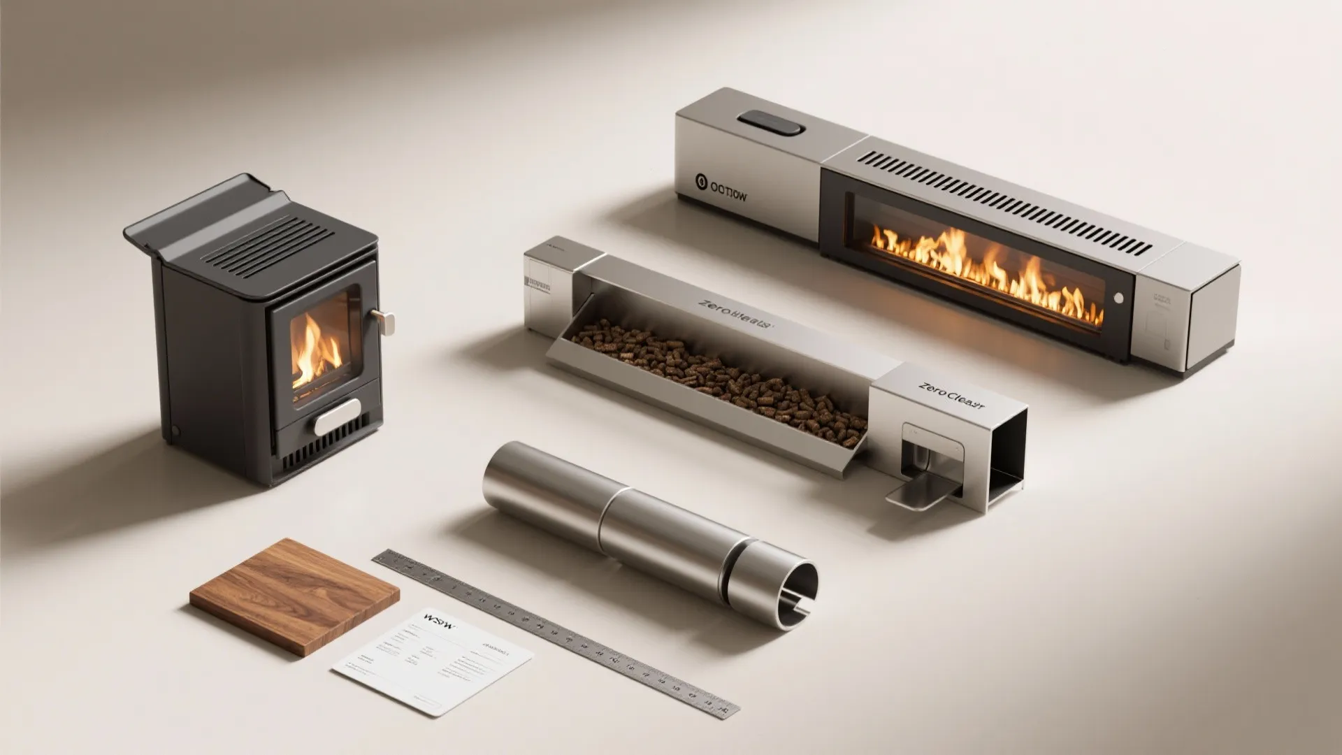 Modern stove heating options including black metal wood burner and long metal wall fireplace designs