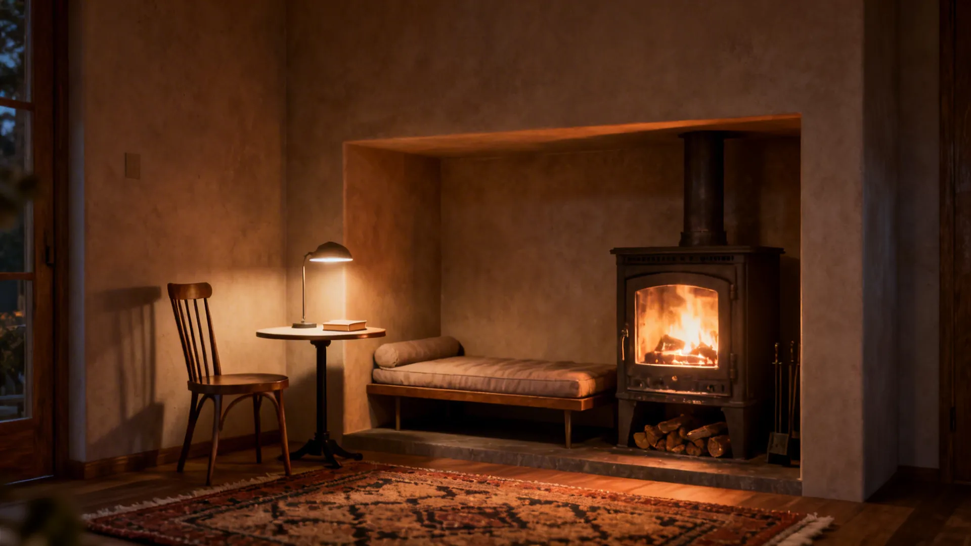 Cozy reading nook with black wood stove small sofa wooden chair and table with lamp