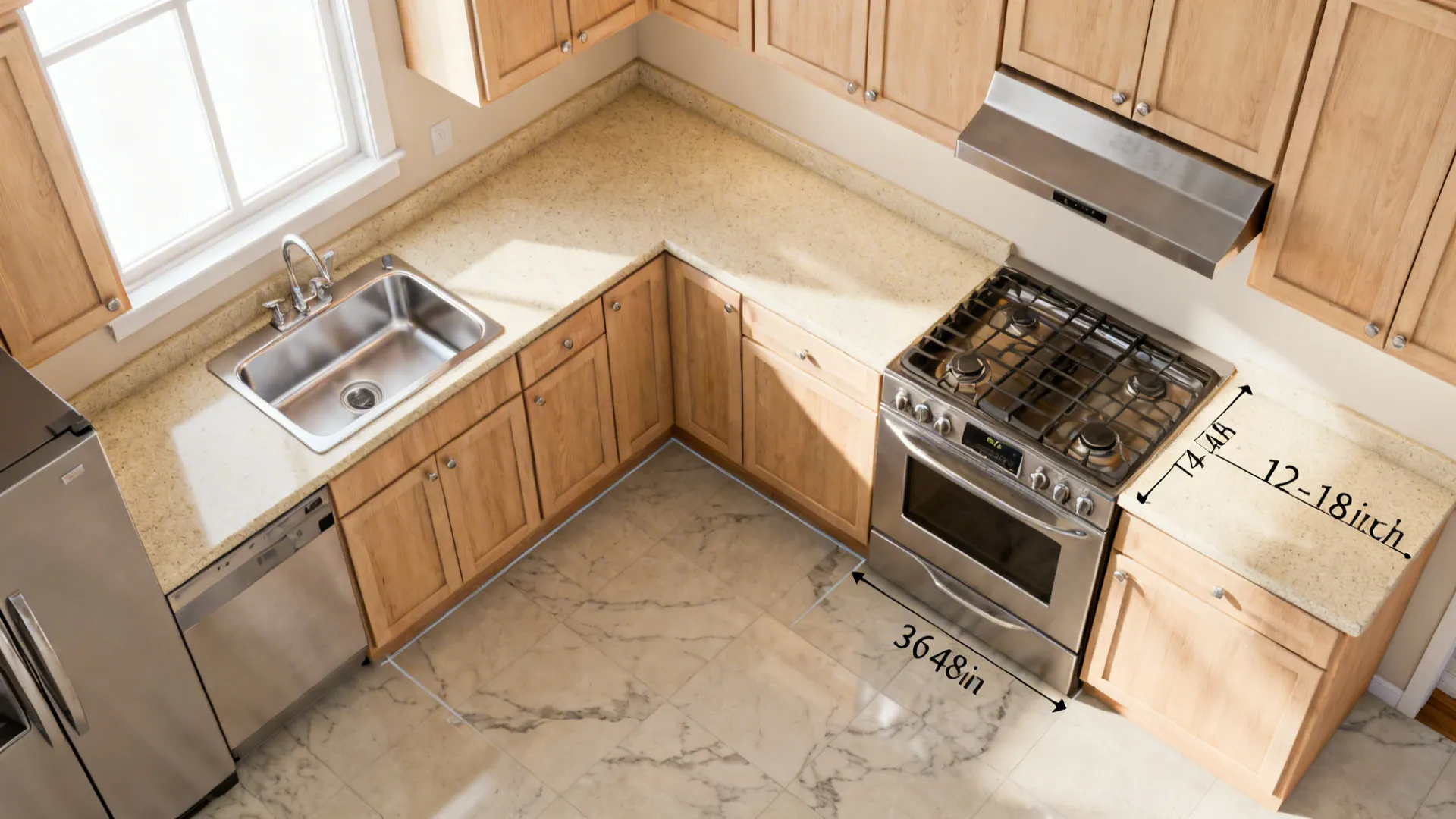 Top view of kitchen layout showing measurements for stove and sink area with wooden cabinets