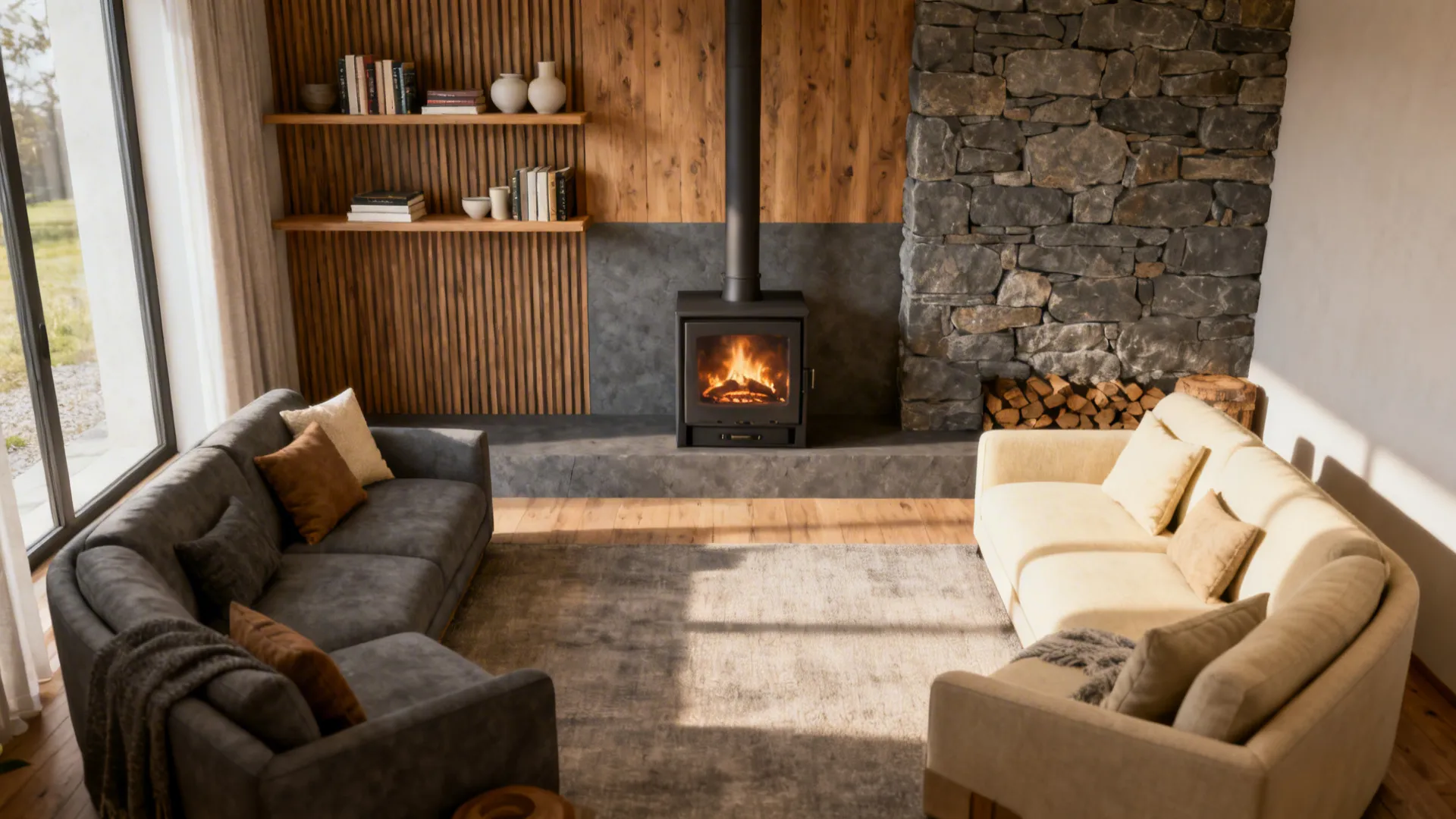 Small living room with wood stove stone wall wood panel grey sofa and light sofa