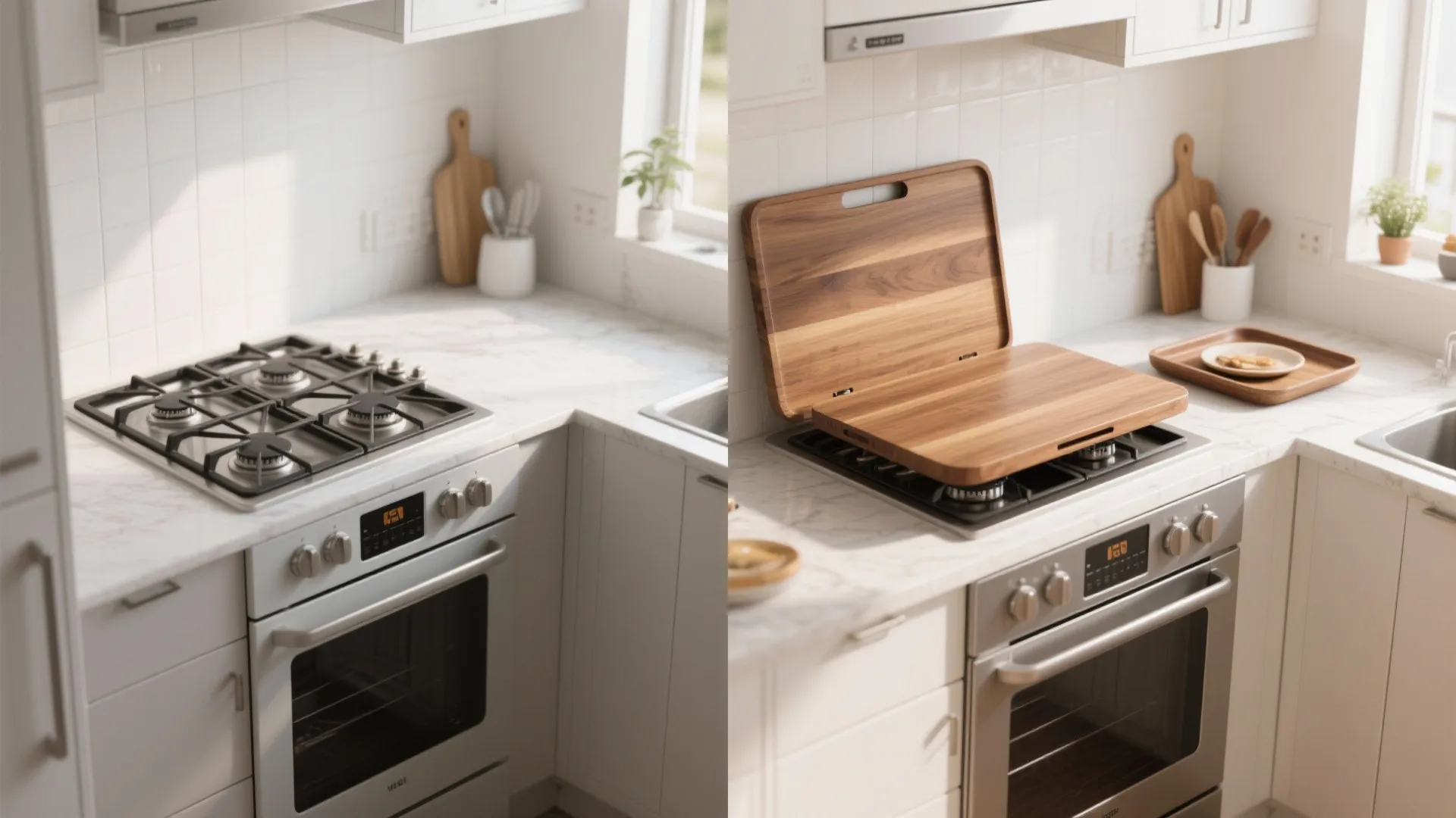 Stovetop with and without custom wooden cover tray