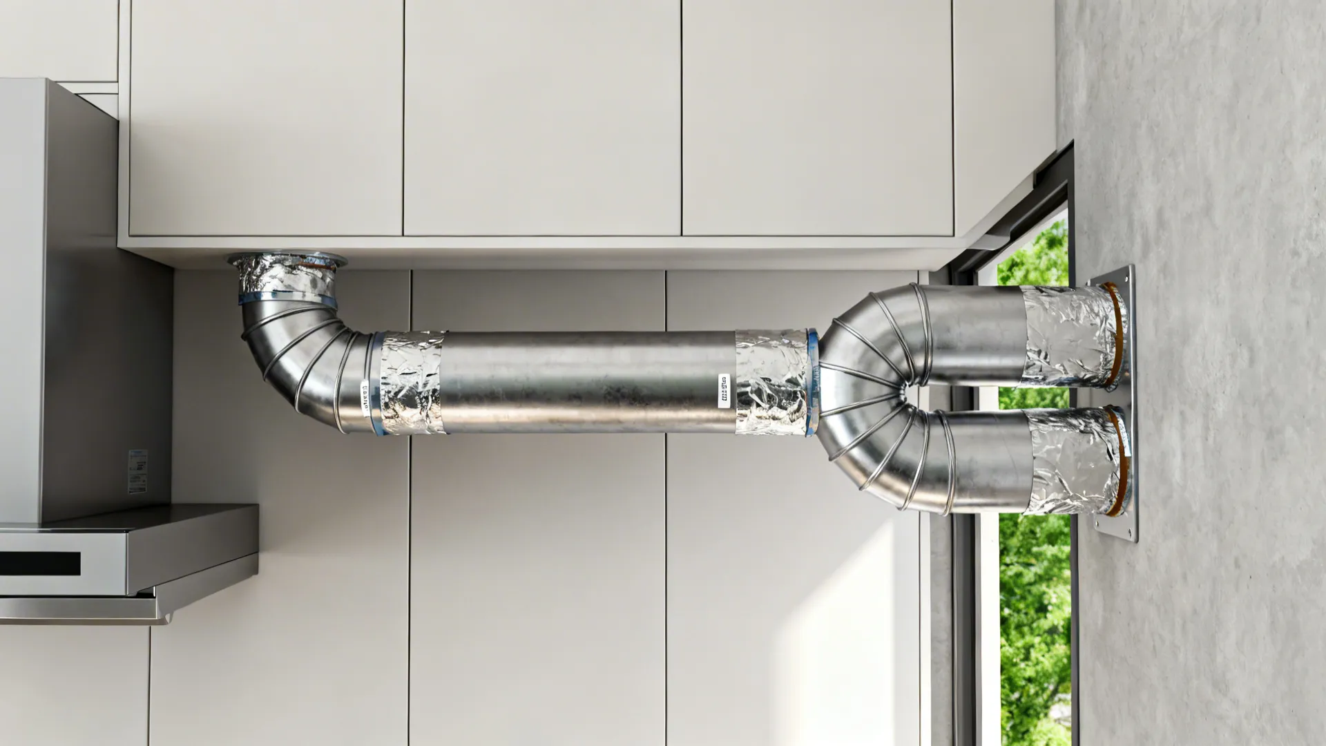 Top-down view of a short straight 6-inch rigid duct with sealed joints and long-radius elbows.