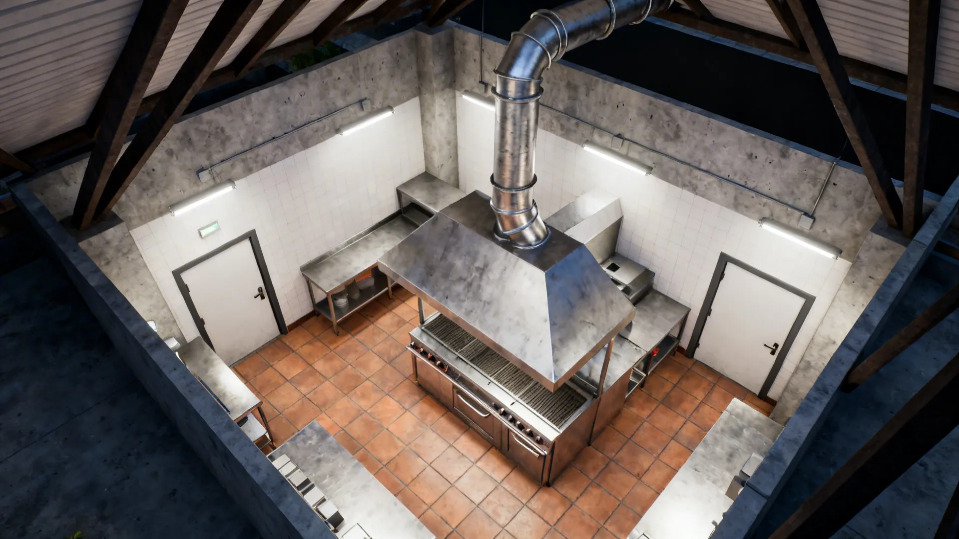 Top-down view of a straight welded grease duct with minimal elbows and cleanout doors.
