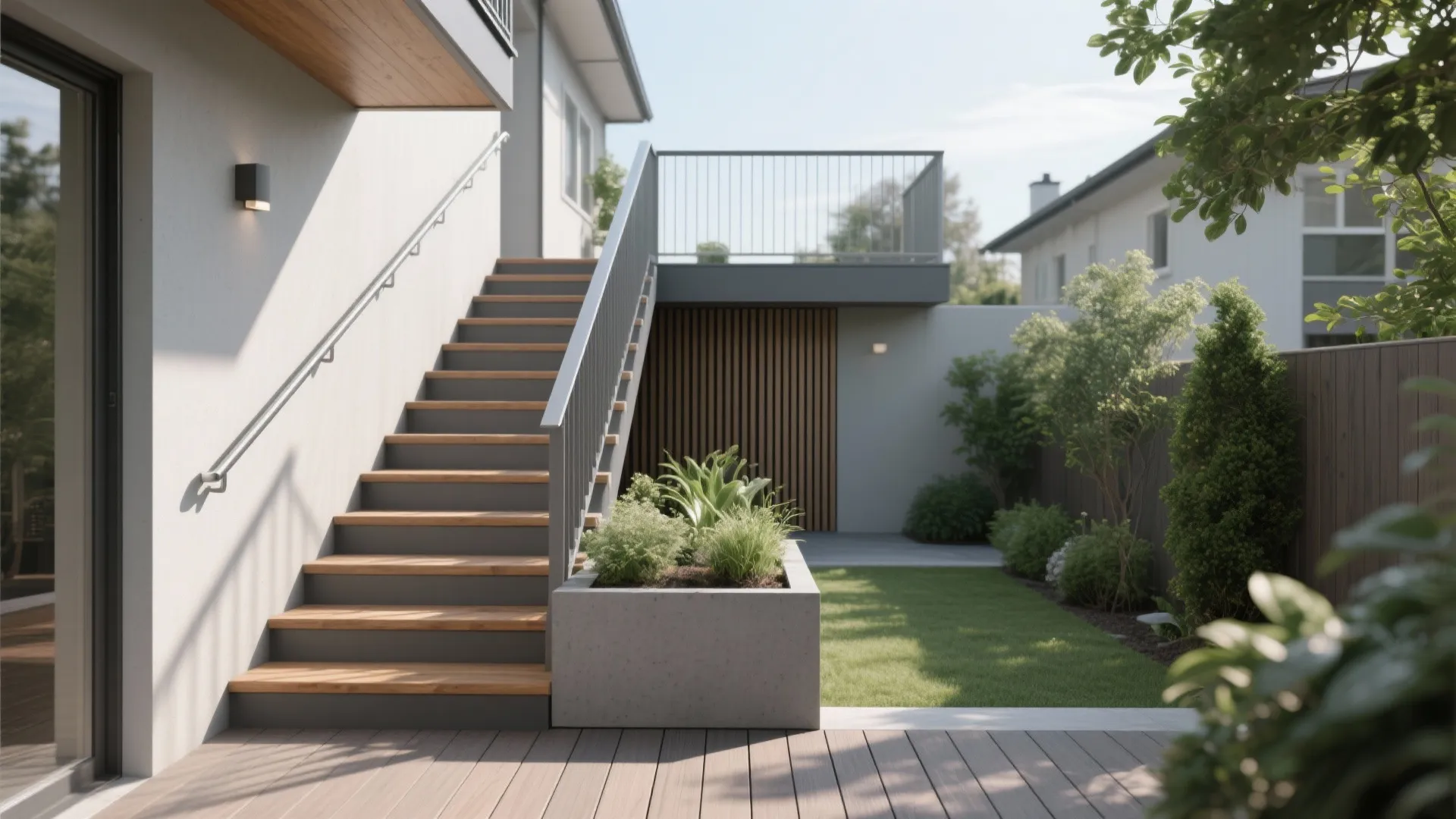 Modern outdoor garden with wooden stairs metal railing green grass plants and a wall light