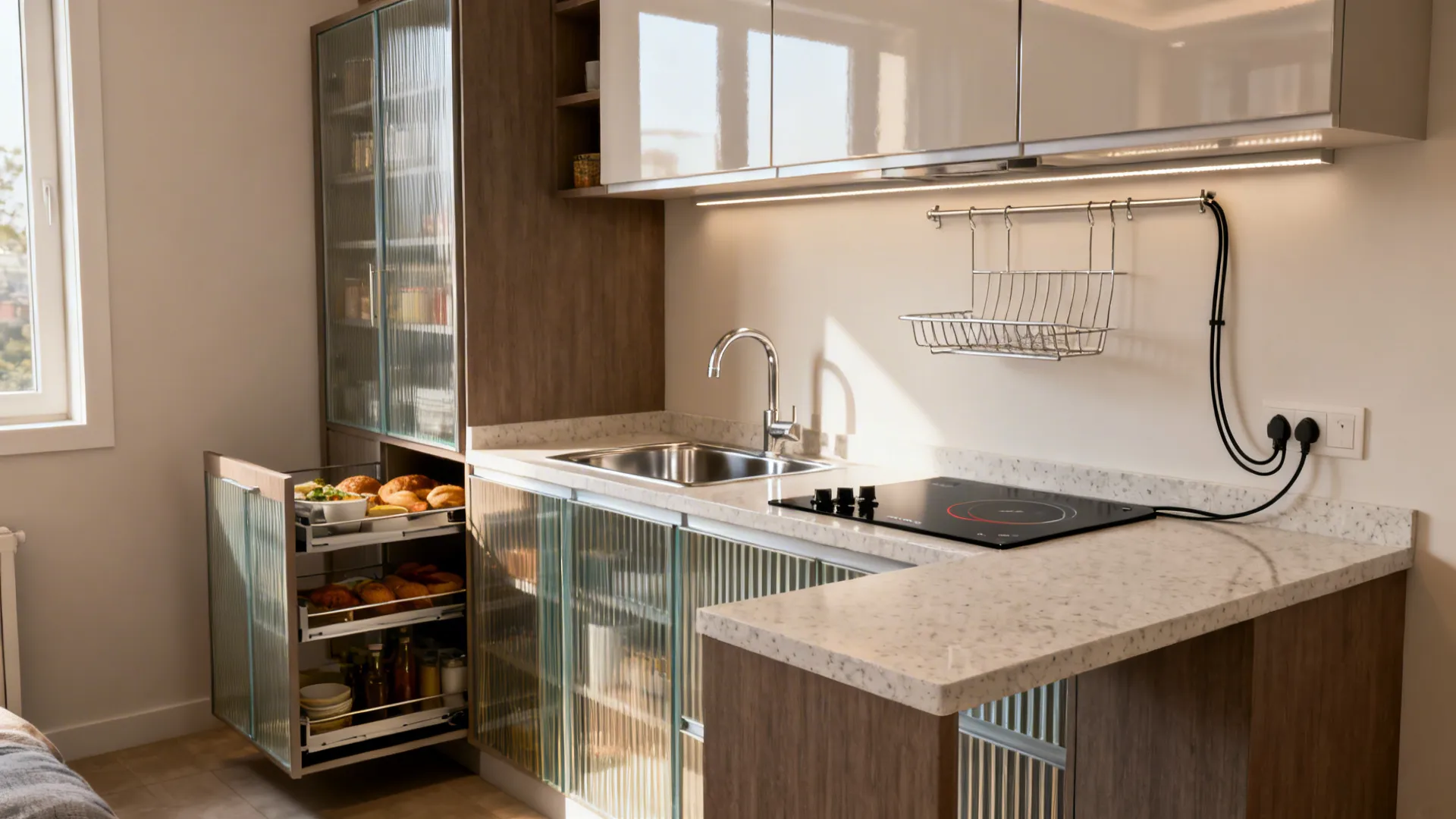 Straight-line studio kitchen with tall pantry, fold-down counter, and glossy uppers.
