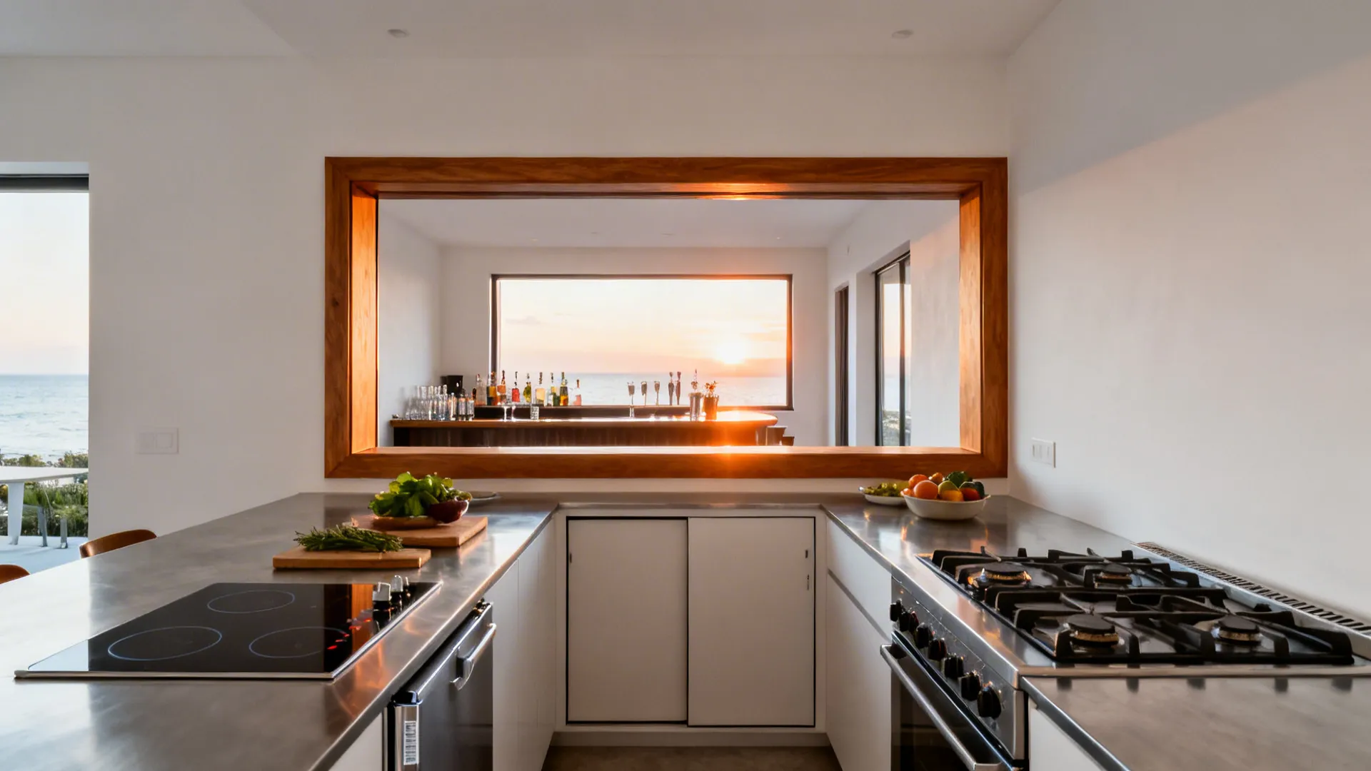 Straight-line cook run with a framed pass-through window and compact storage.