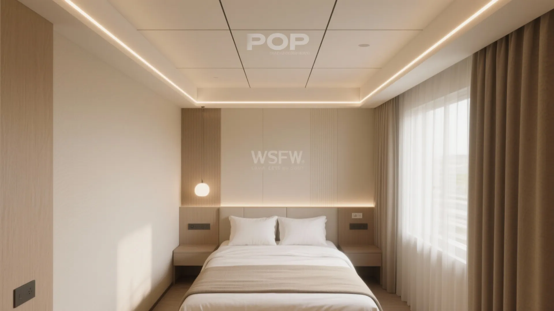 Clean modern bedroom featuring white bedding wooden wall panels hanging light fixture and soft beige curtains