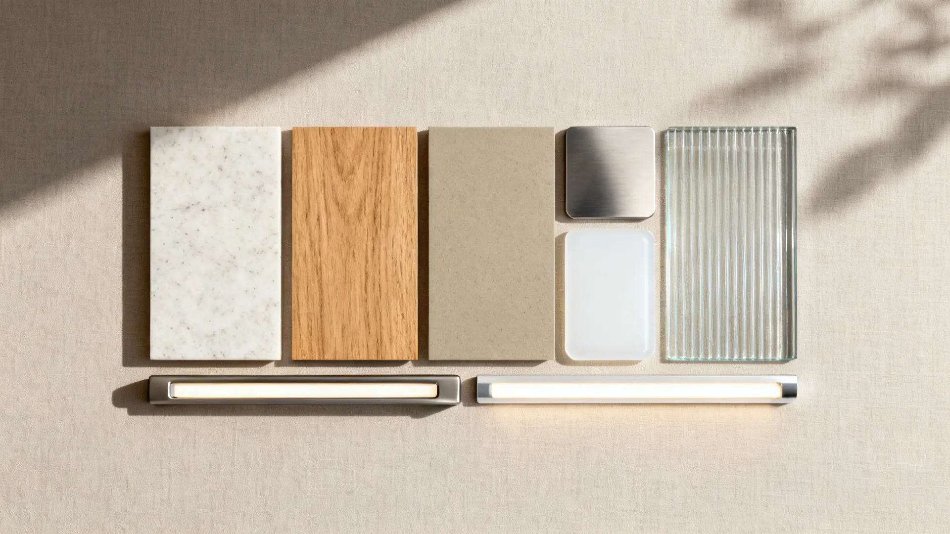Flatlay of quartz, wood laminate, acrylic gloss, ribbed glass, and stainless finishes.