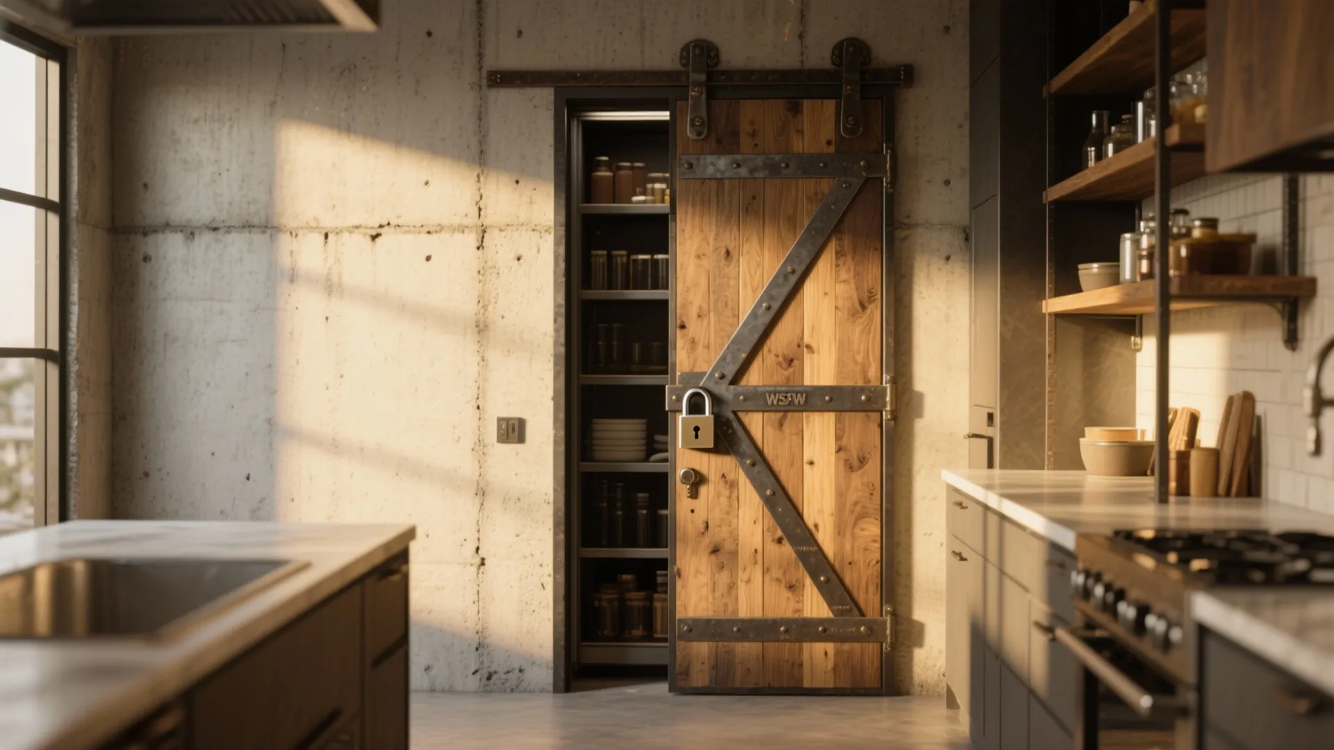 Modern white kitchen cabinets featuring open doors with safety locks and wood counters with plants
