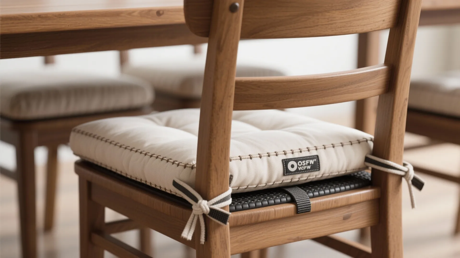 Wooden dining chair with a white soft cushion secured by black and white tied straps