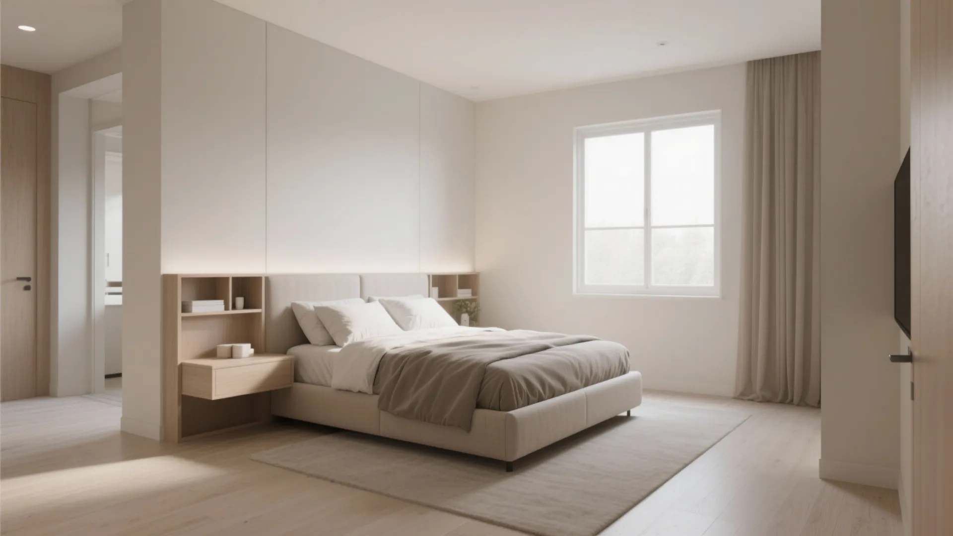 Bed against windowless wall with storage headboard in small bedroom