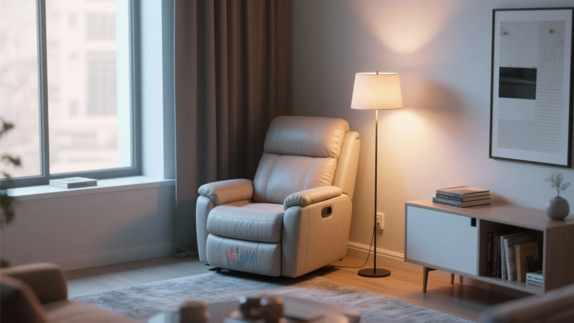 Cozy living room corner with recliner and slim floor lamp