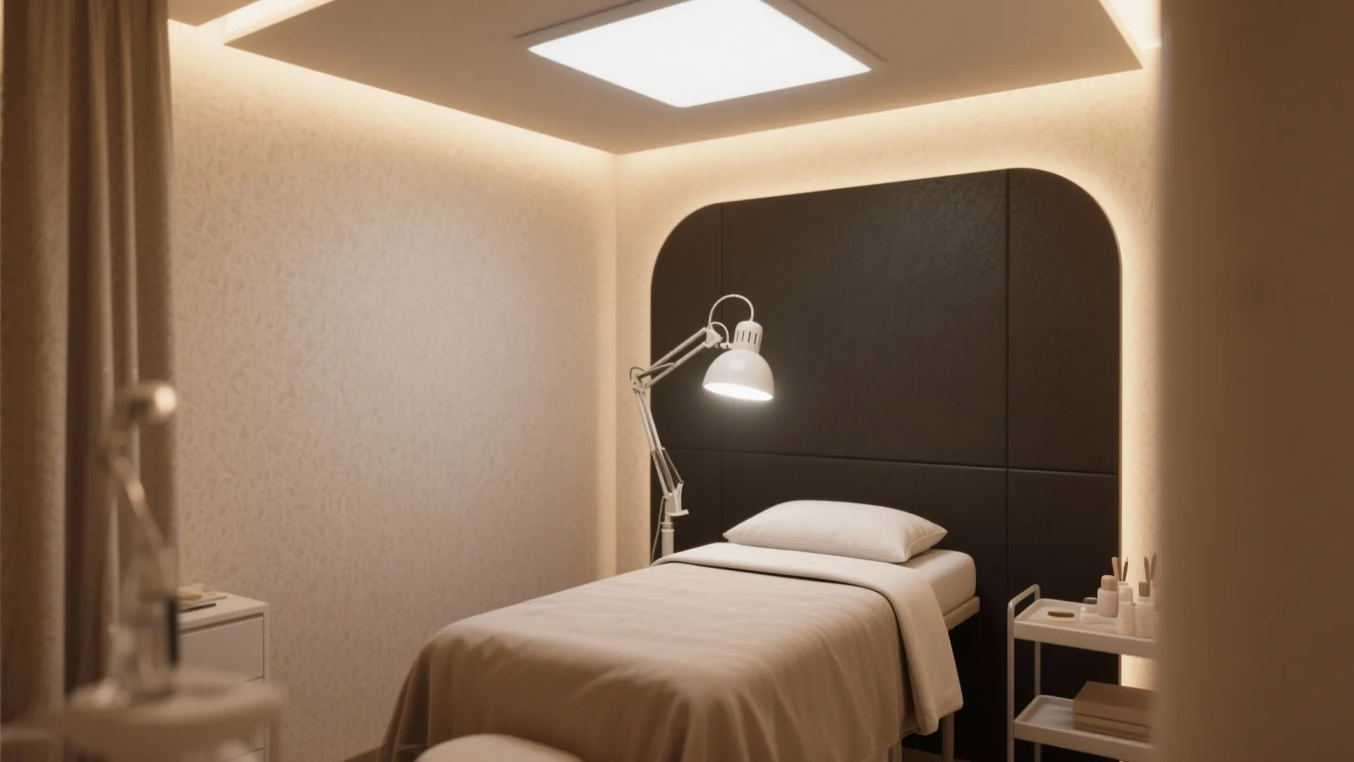Treatment room featuring white bed, dark wall panel, warm backlighting, ceiling light, and floor lamp