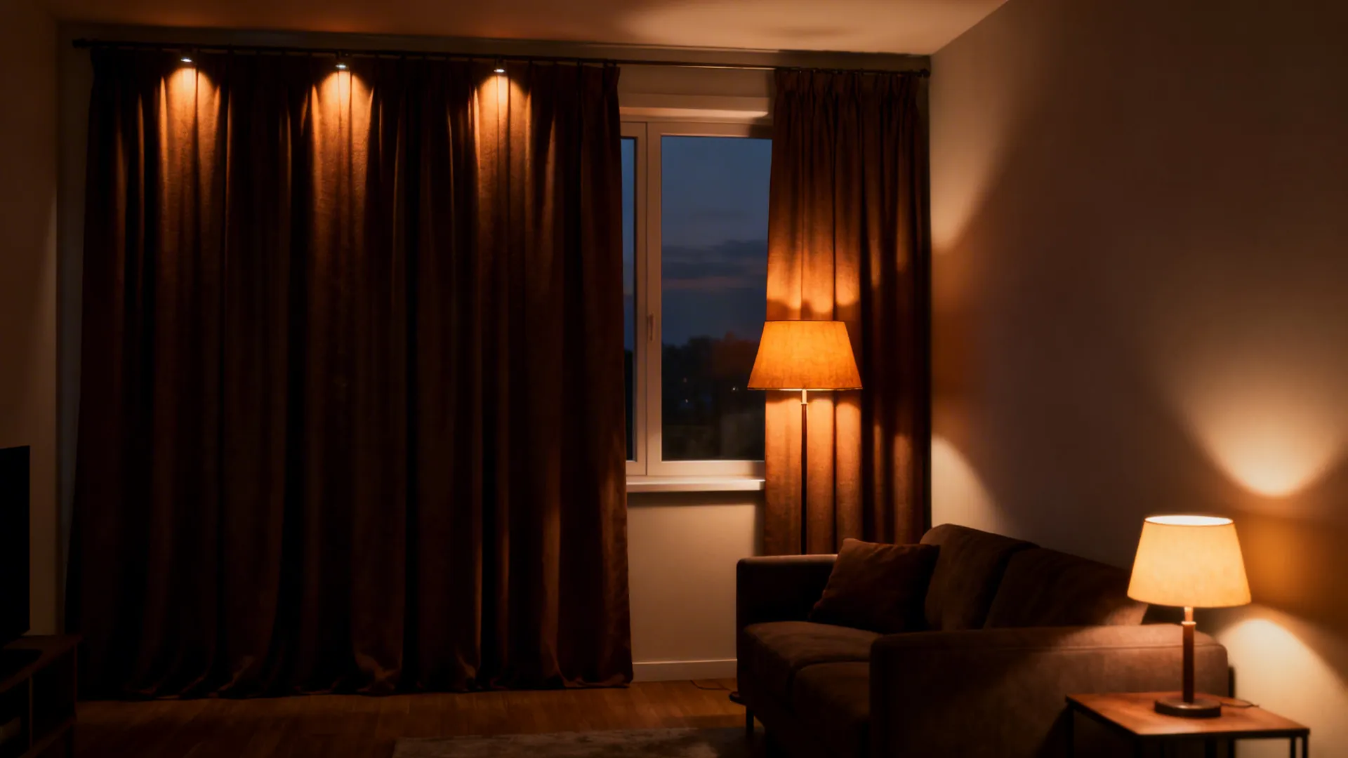 Living room at night with brown curtains, spotlights, floor lamp, dark sofa, and table lamp