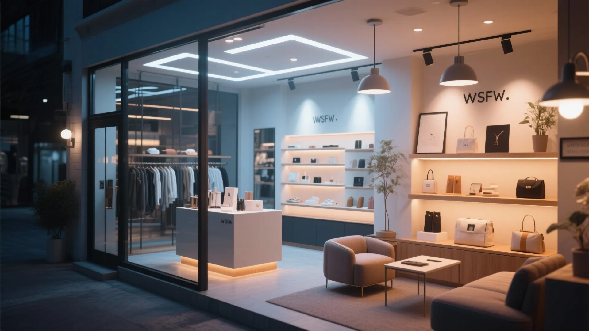 Retail store storefront at night with glass windows grey sofa coffee table and glowing wall lights