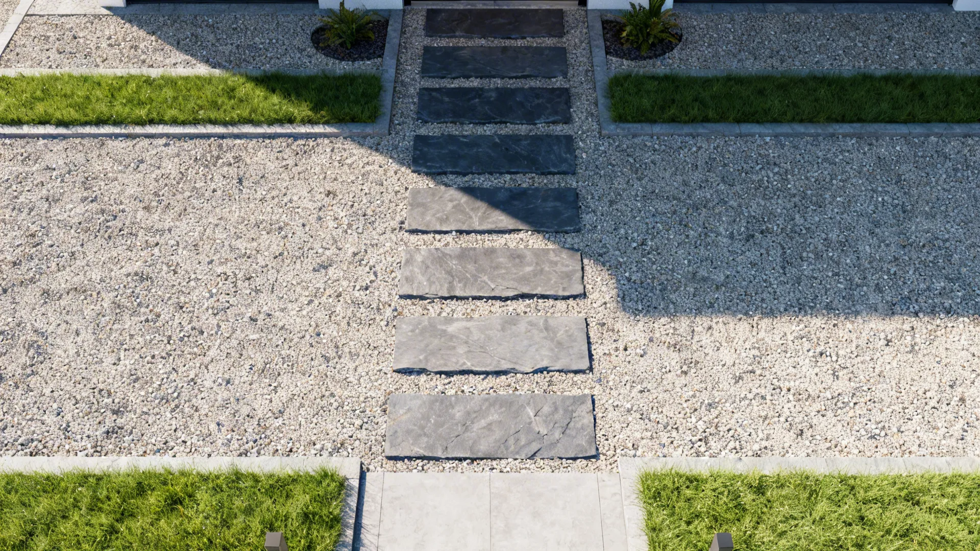 Top-down view of alternating slate stepping stones and gravel path guiding visitors through a small front yard