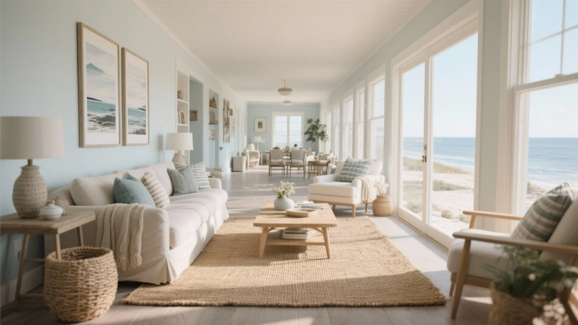 Coastal living room featuring white sofa wooden coffee table jute rug and large sliding windows