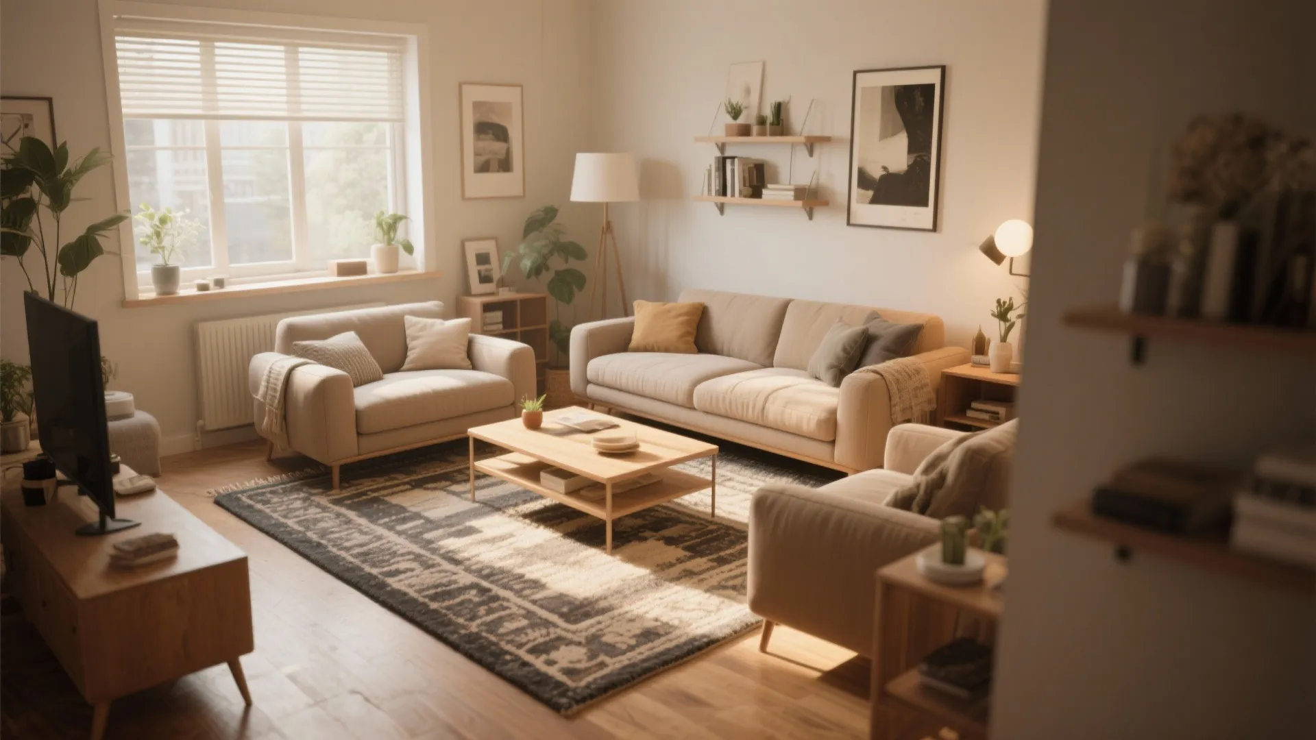 Bright living room featuring a patterned rug, wooden coffee table, beige sofa, armchairs, and plants