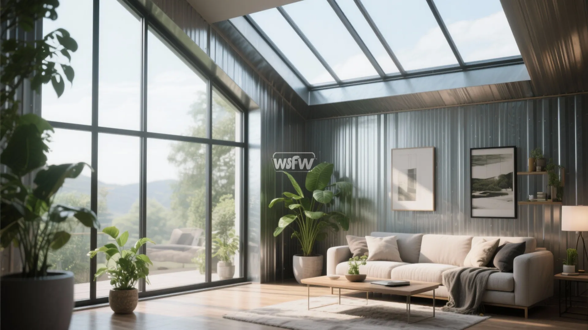 Modern sunroom interior design with large glass windows roof window sofa and green potted plants