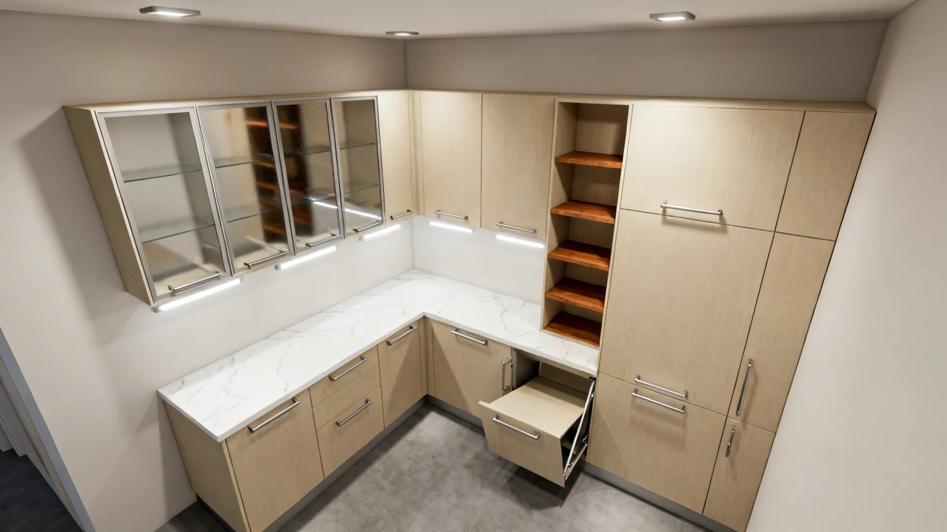 Top-down view mapping five cabinet strategies within a compact L-shaped kitchen layout.