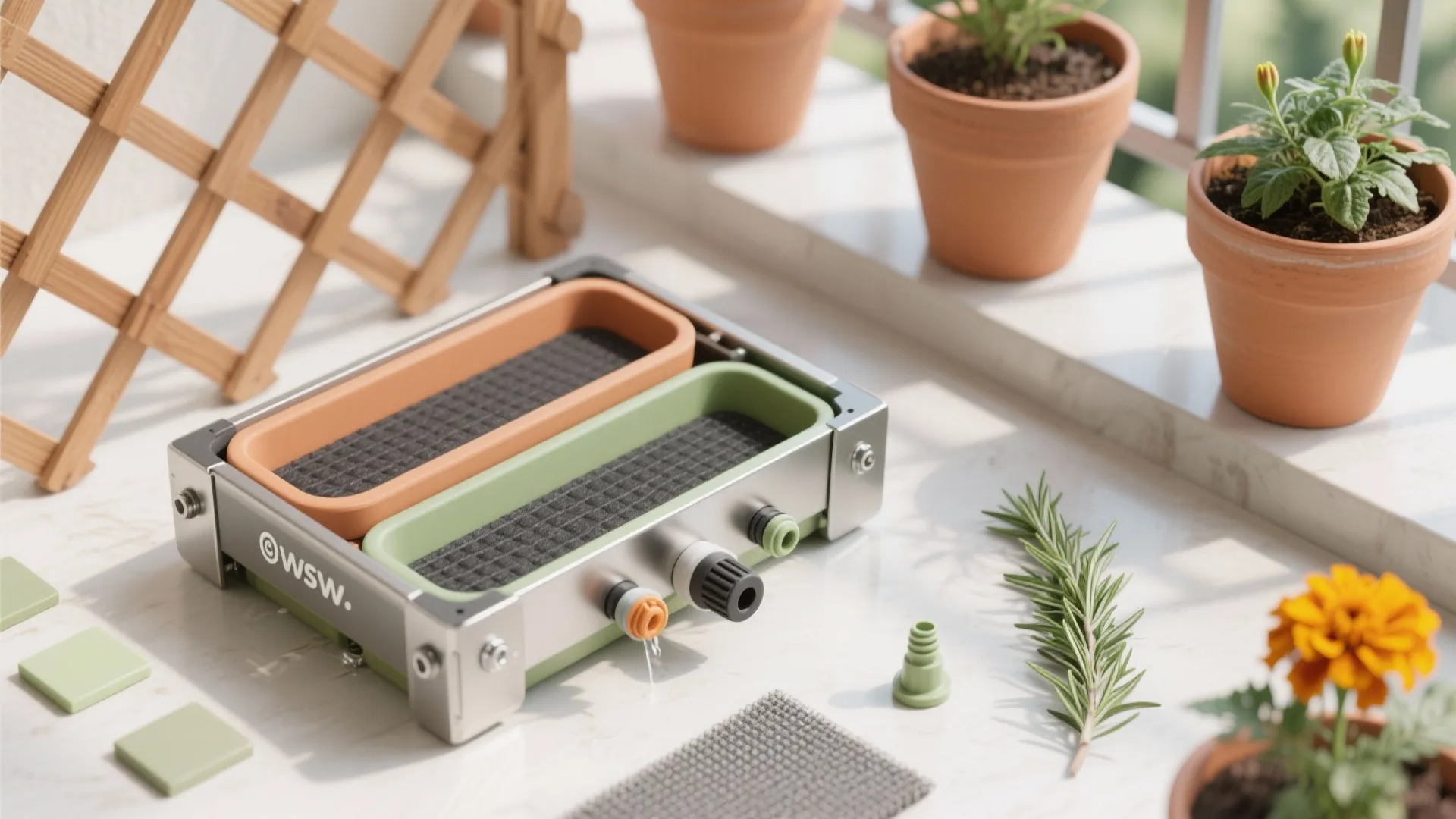 Flatlay of tiered frame, self-watering parts, rail bracket, trellis, color chips, drip emitter, and capillary mat.