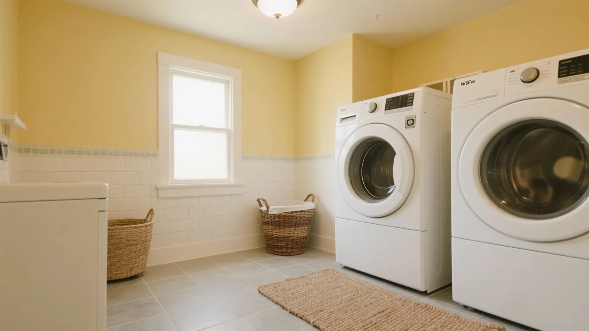 Bright yellow laundry room with white appliances small window floor rug and wicker baskets for storage