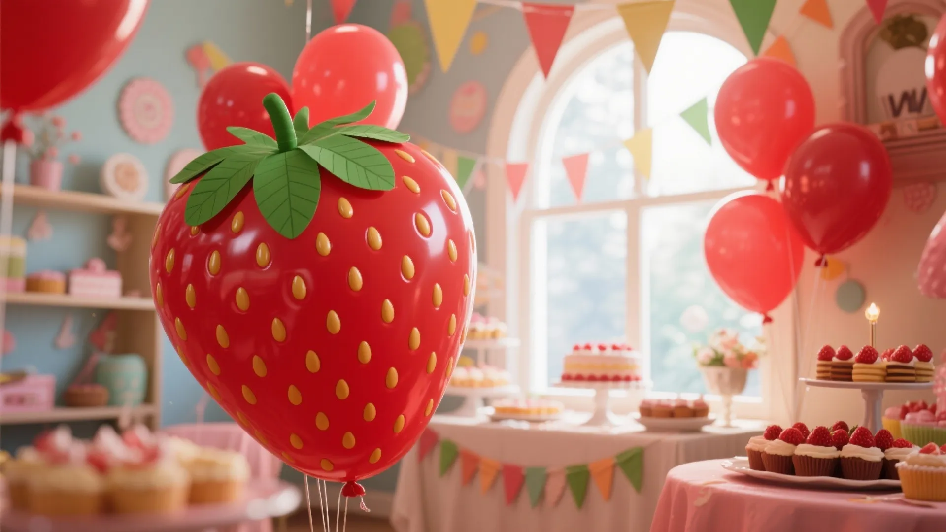 Large red strawberry shaped balloon with green leaves at a party with cakes and decorations
