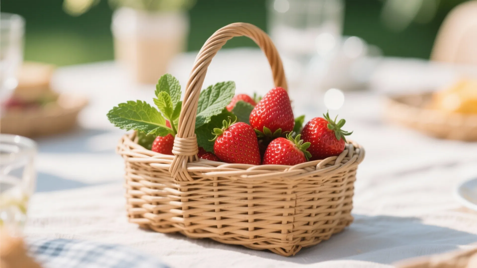 Small woven basket filled with fresh red strawberries and green mint leaves on white table