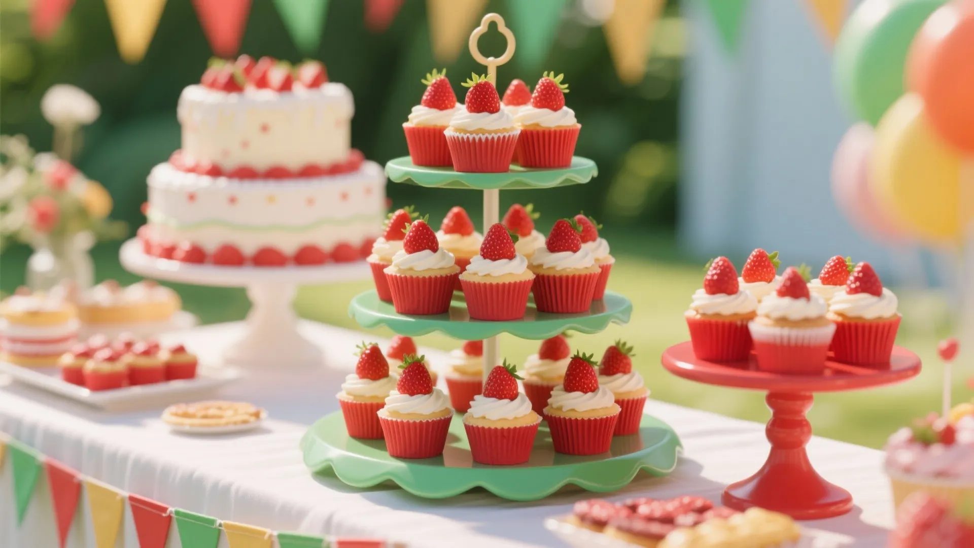 Outdoor party dessert table featuring a large strawberry cake and tiered green cupcake display stands