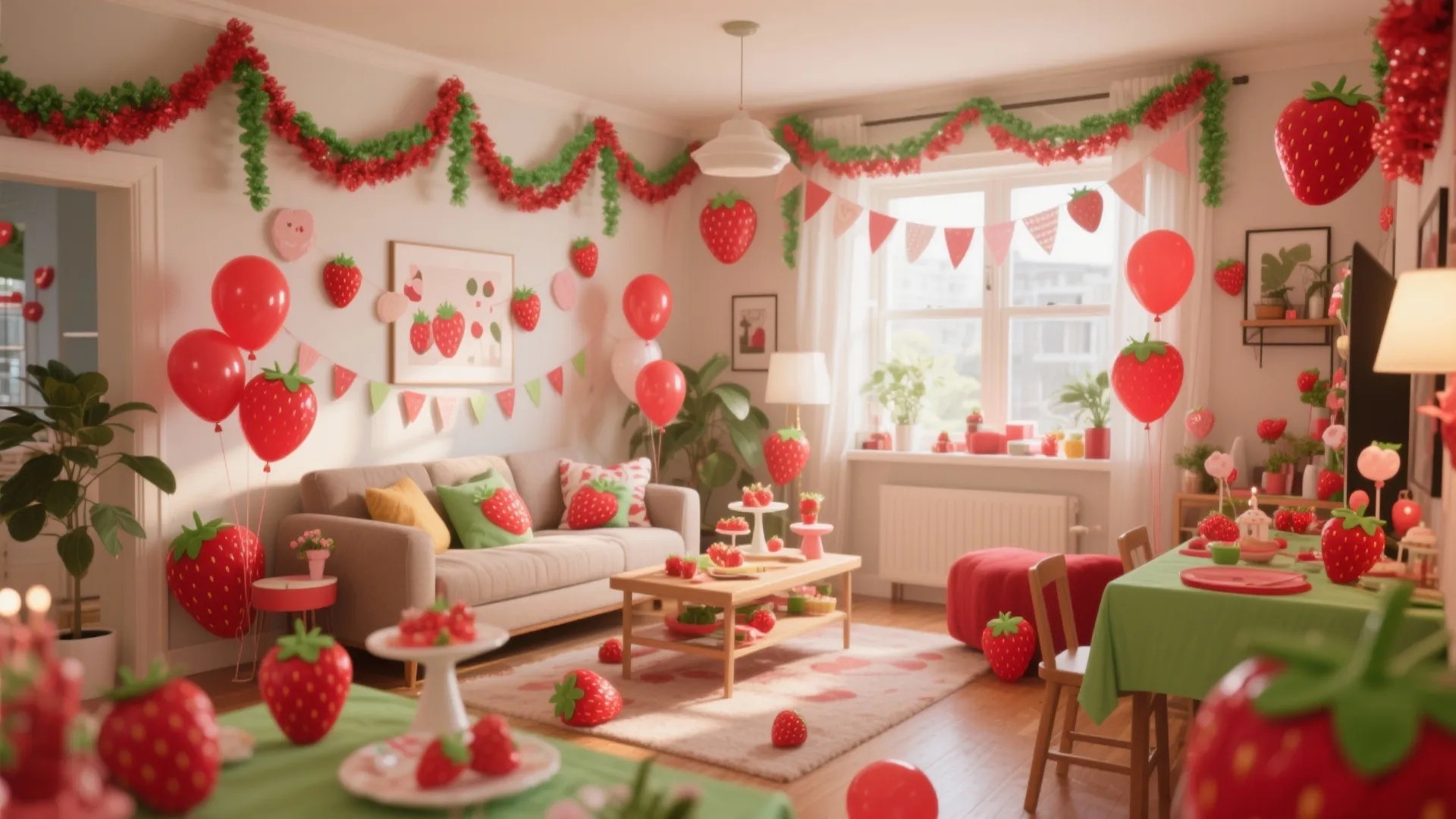 Living room decorated for a strawberry themed party with red balloons garlands and dessert tables