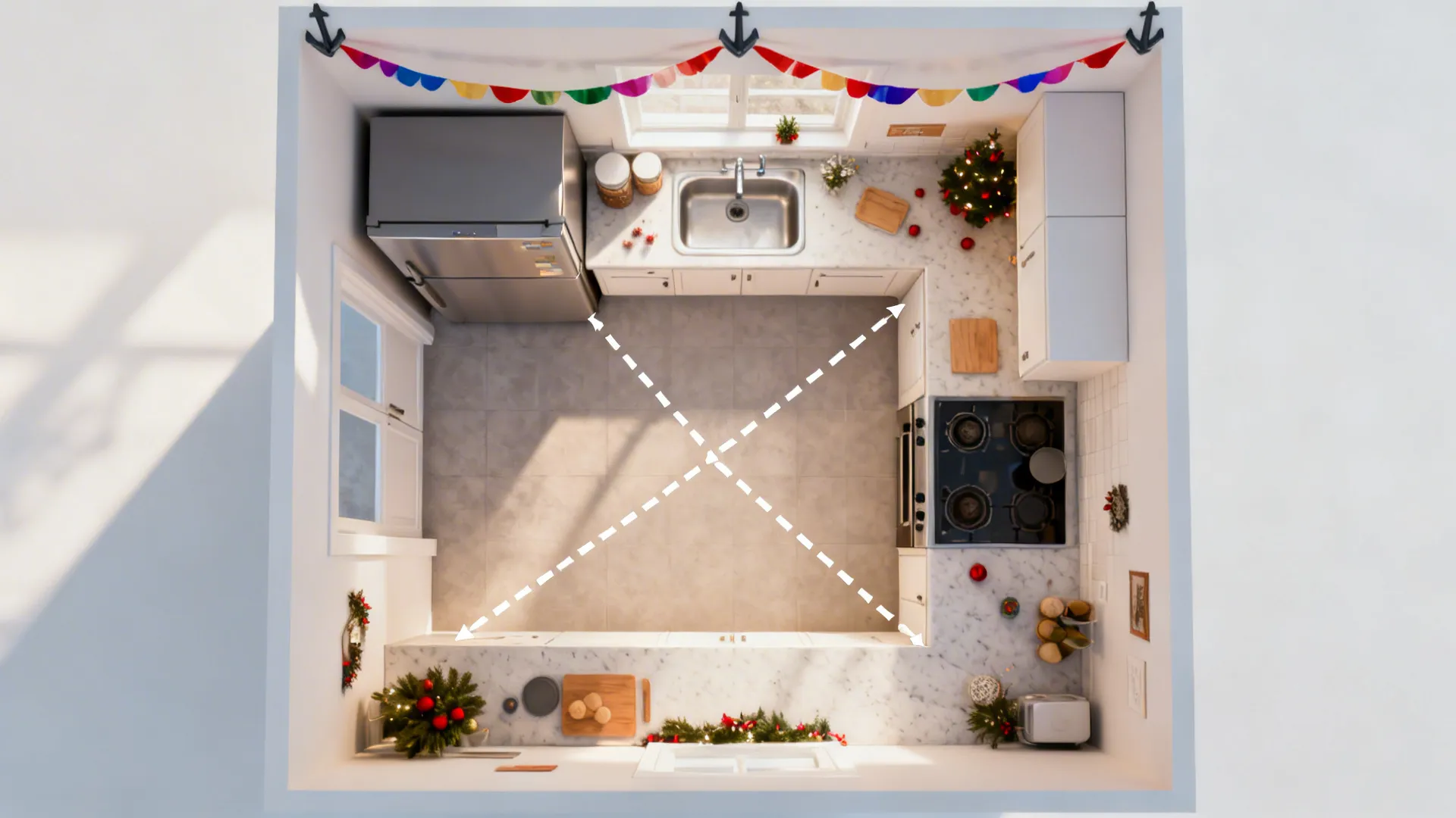 Top-down view of a small kitchen with ceiling streamer anchor points and clear traffic zones.