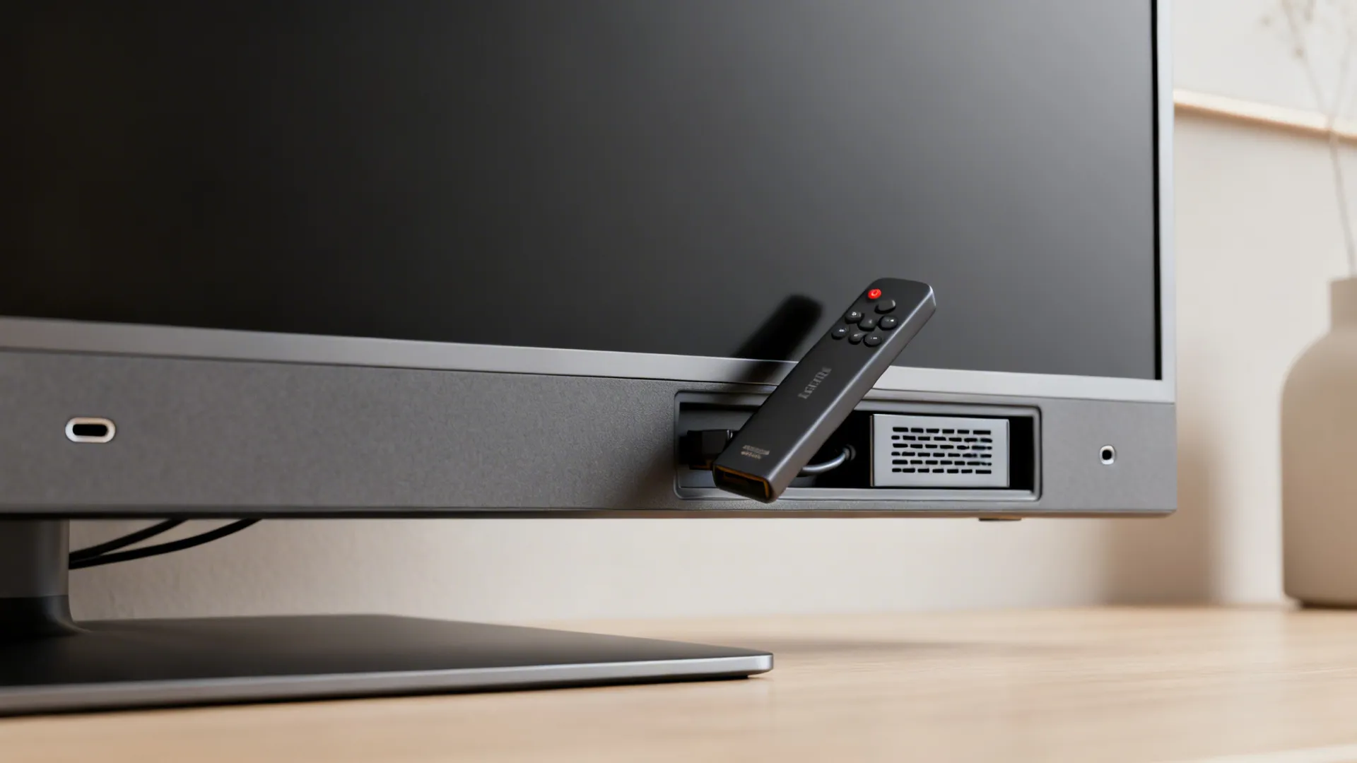 Slim streaming stick and a recessed ventilated box hiding power bricks behind a TV
