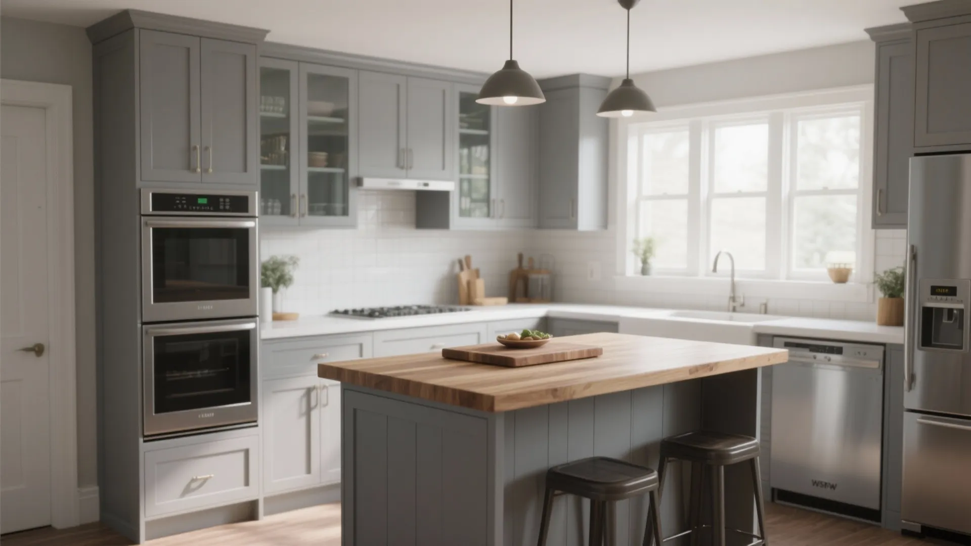 Compact kitchen with panel-ready appliances and low-profile island maintaining clear sightlines