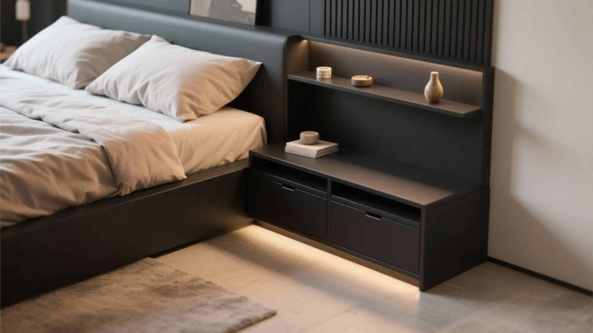 Modern black bedside table with built in shelves and lighting next to a cozy bed