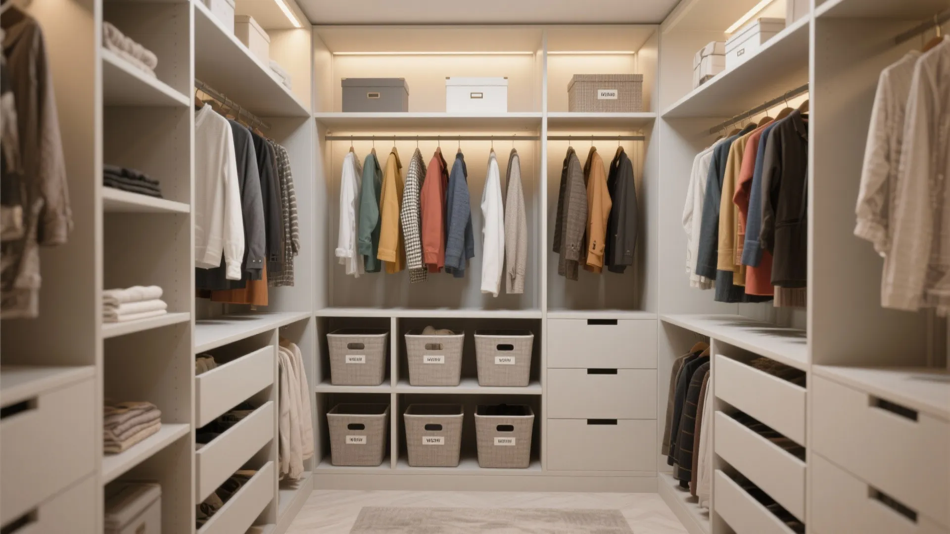 Modular closet with mixed hanging, shelving, and drawers, clothes organized by color.