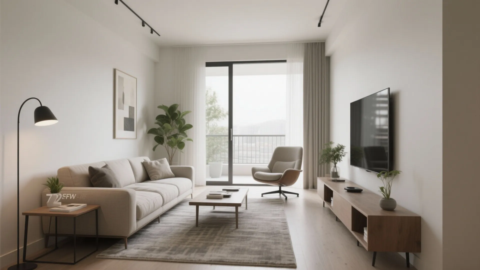 2) Streamlined seating: slim sofa + accent chair dance