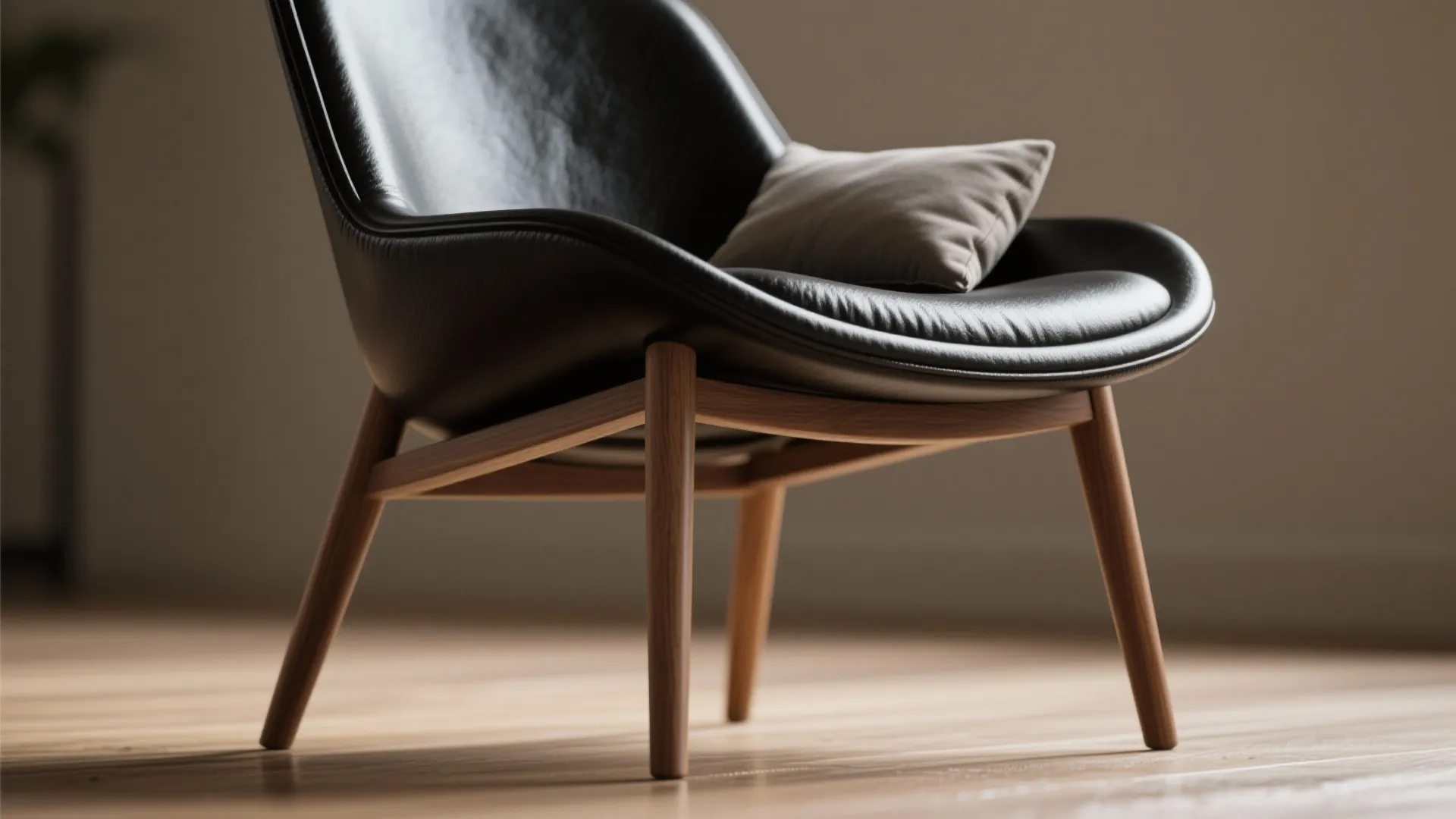 Close-up of a slim black leather chair with exposed legs showing floor to enhance perceived space.