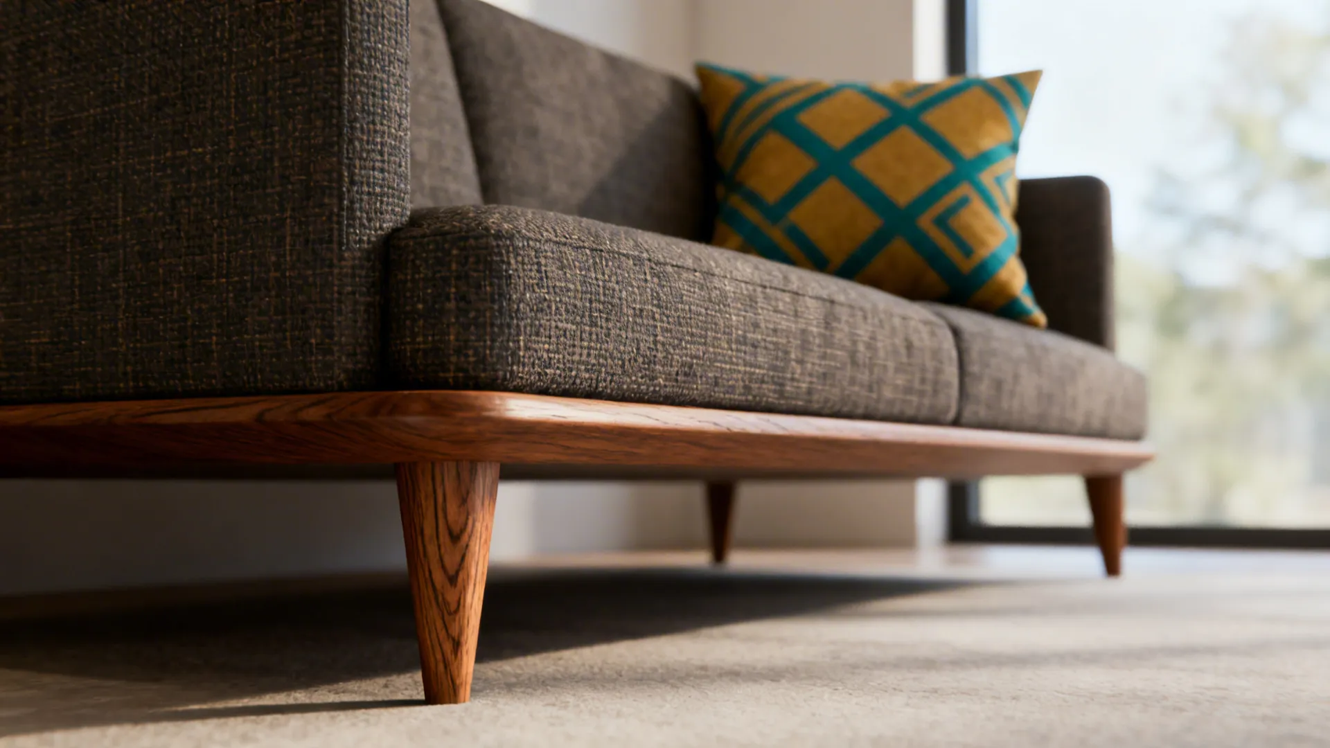 Close-up of a mid-century sofa leg and lumbar pillow showing wood grain and textile pattern