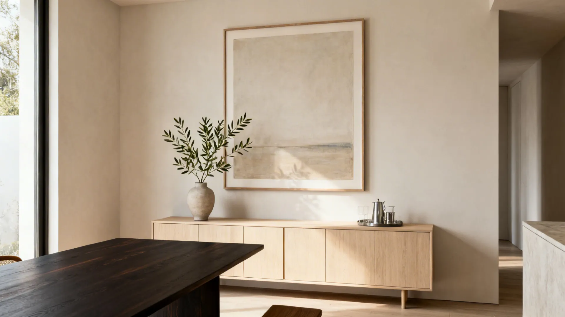 Light wood storage cabinet with a large painting and green plant in a bright room