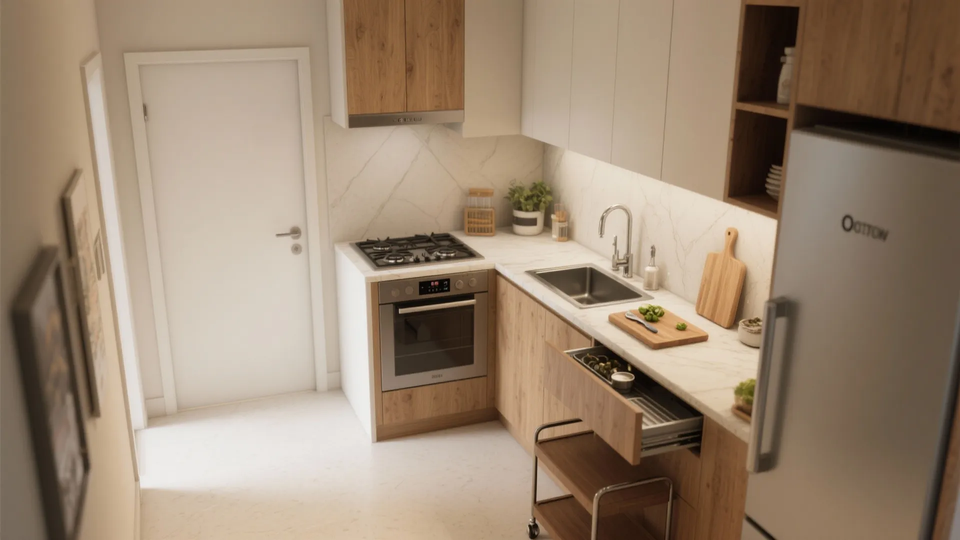 Small L-shaped kitchen showing stove, sink, narrow fridge, pull-out chopping board, and slim rolling prep cart to optimize workflow.