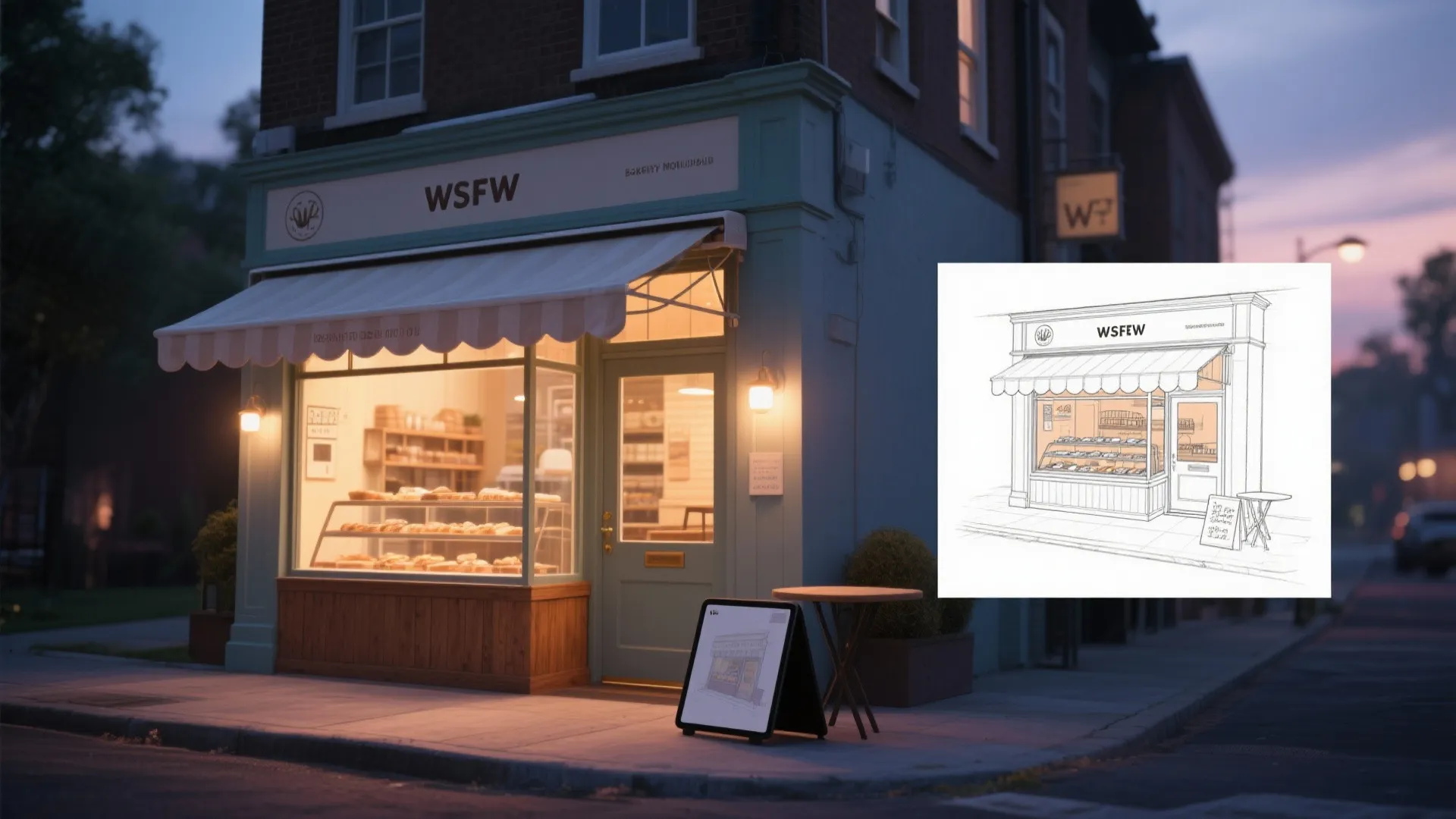 Comparison of a hand drawn bakery sketch versus a realistic evening view of shop exterior