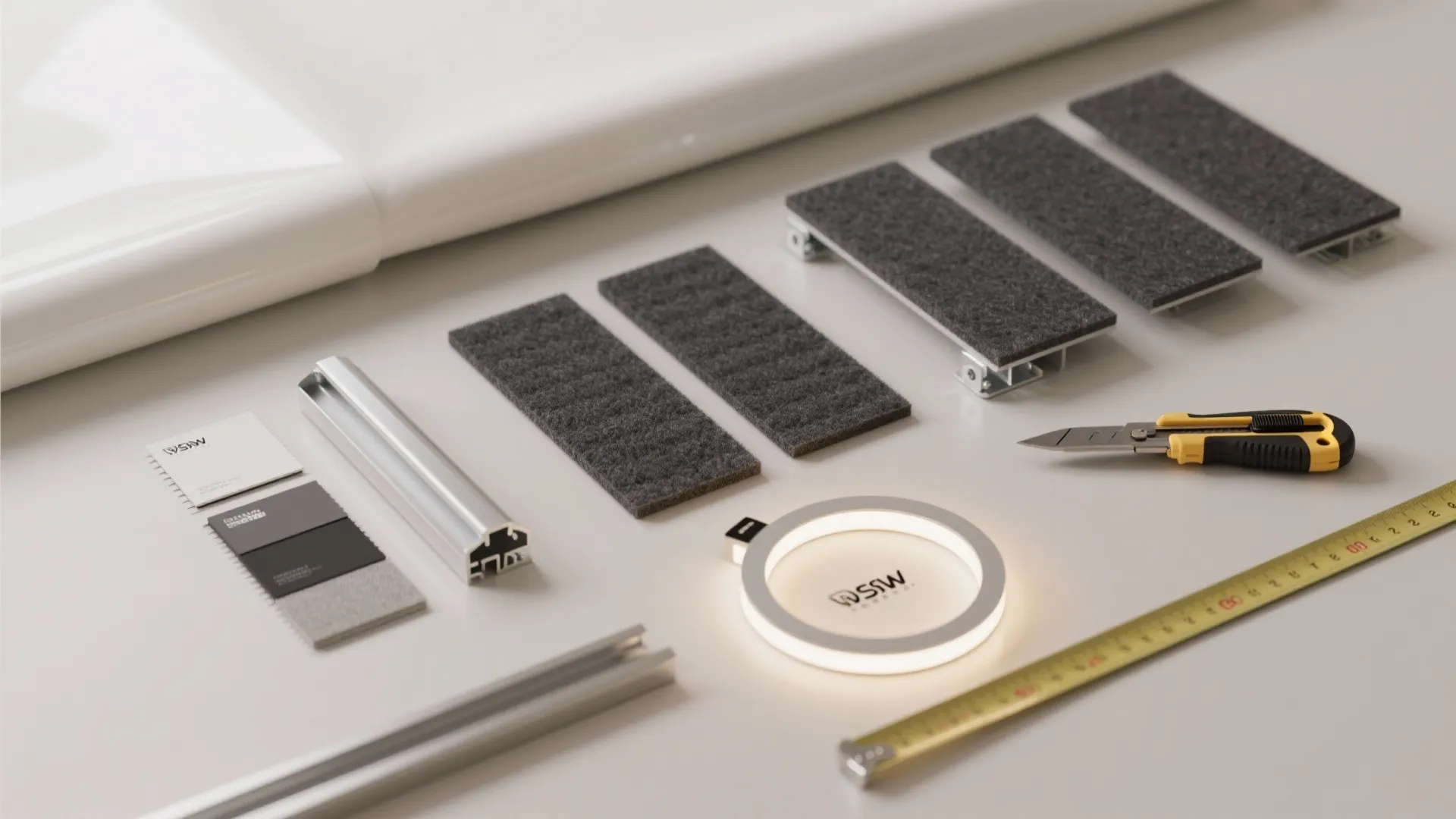 Flat lay of installation materials including acoustic panels metal tracks round light fixture and utility knife