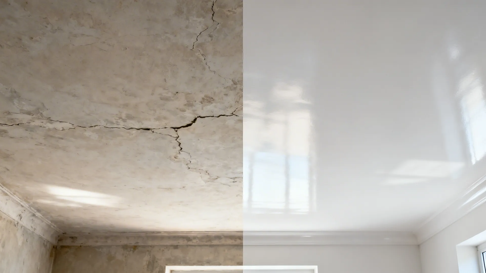 Before-and-after of a small kitchen ceiling from dull plaster to glossy stretch finish.
