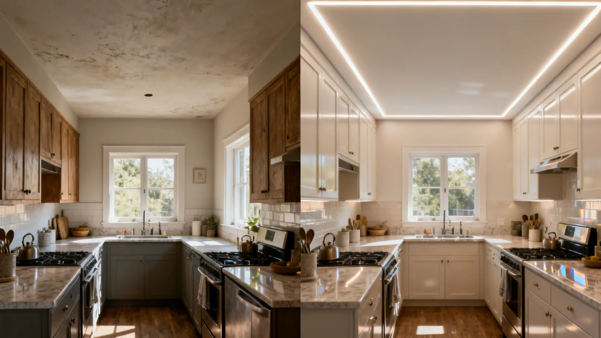 Before-and-after of a small kitchen showing how a glossy stretch ceiling with perimeter LEDs evens and brightens light.