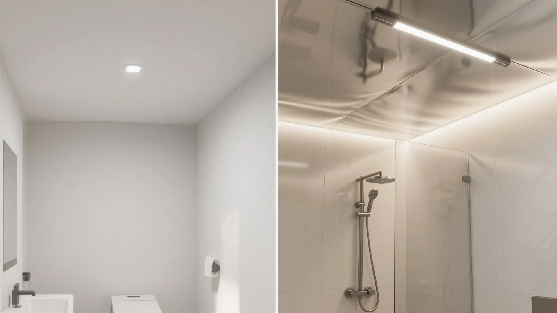 Modern bathroom with white walls featuring a clean ceiling light and glass shower door panel