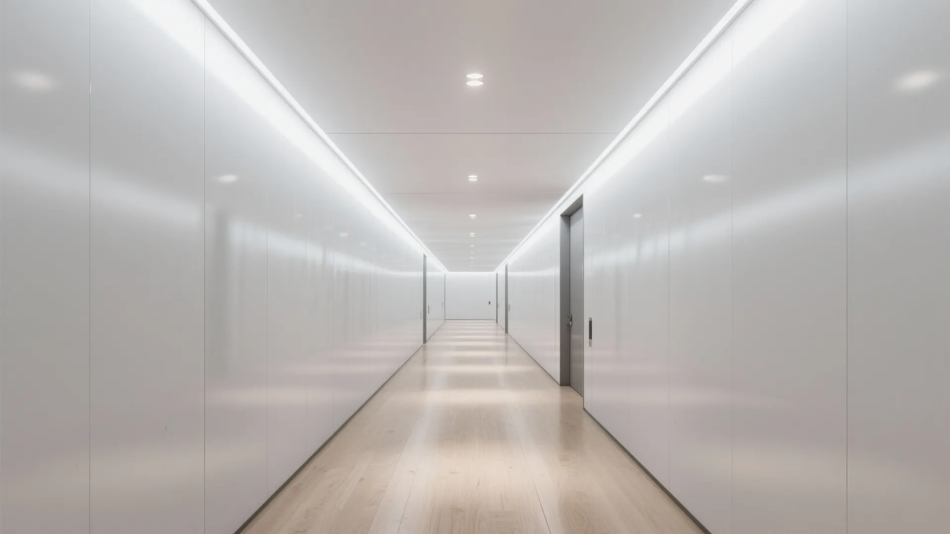 Monolithic white stretch ceiling for a sleek, bright corridor
