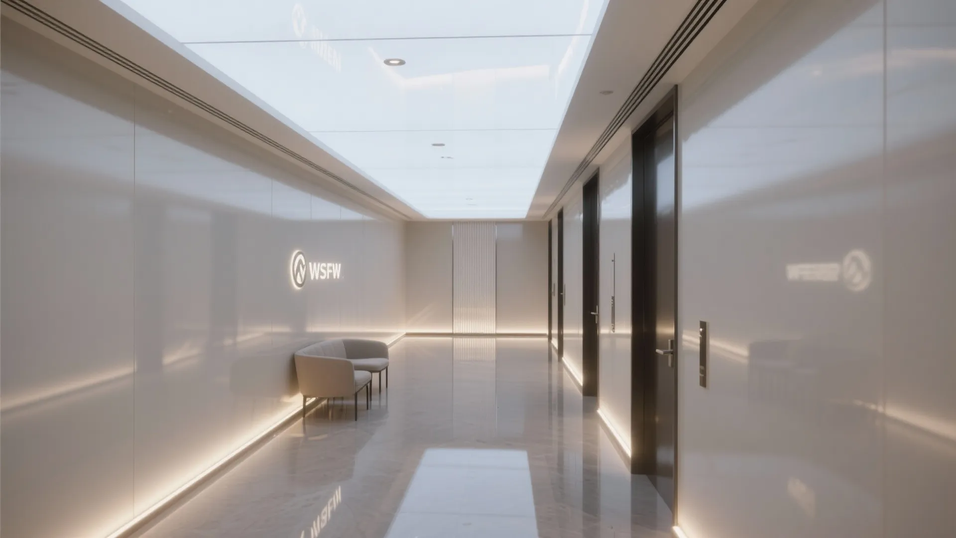 Modern bright hallway with white glossy walls small grey sofa and backlit ceiling light design